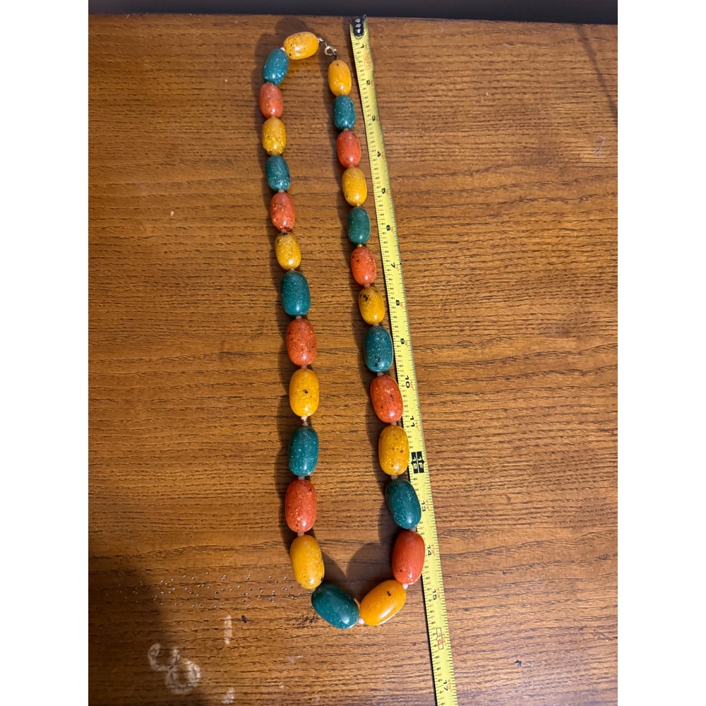 Vintage Chunky Multi Color Oval Bead Necklace Green Yellow Orange 29 Inch - Picture 5 of 7